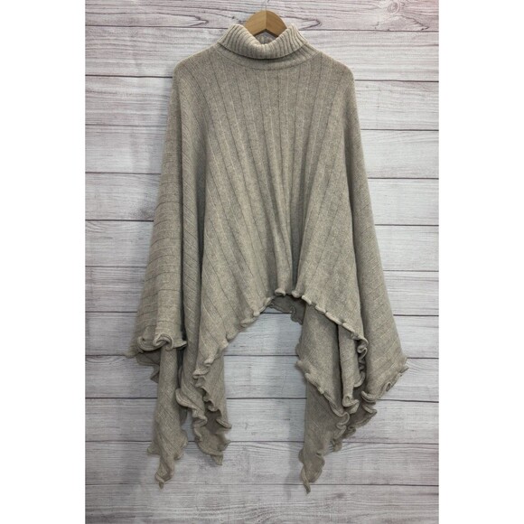 NICKY Thomson Beige Ruffled Turtle neck Cardigan / Poncho LAMBSWOOL - ANGORA - Picture 2 of 7